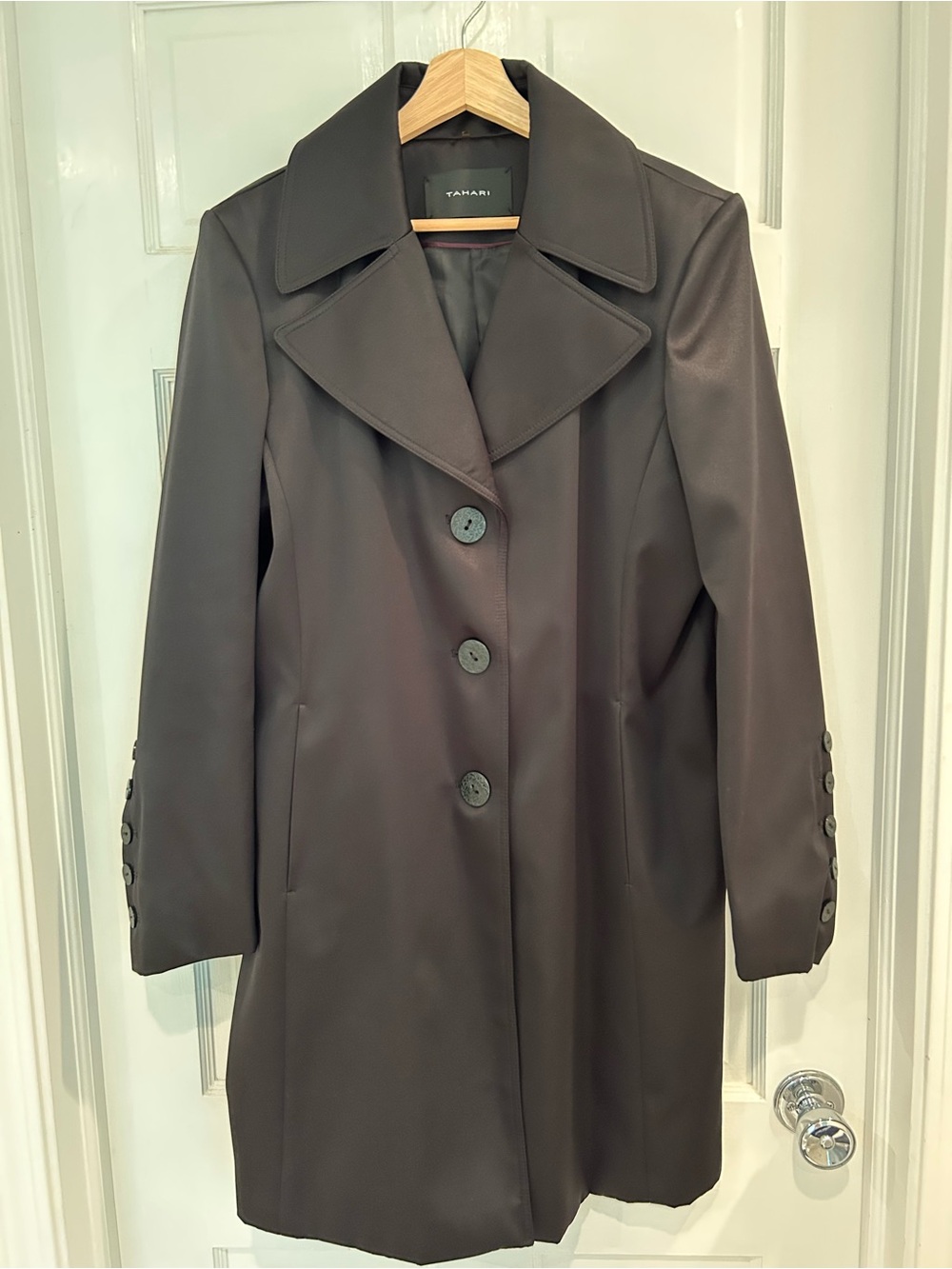 Tahari Black SatinTrench Coat Button Detail Sleeves Petite XL